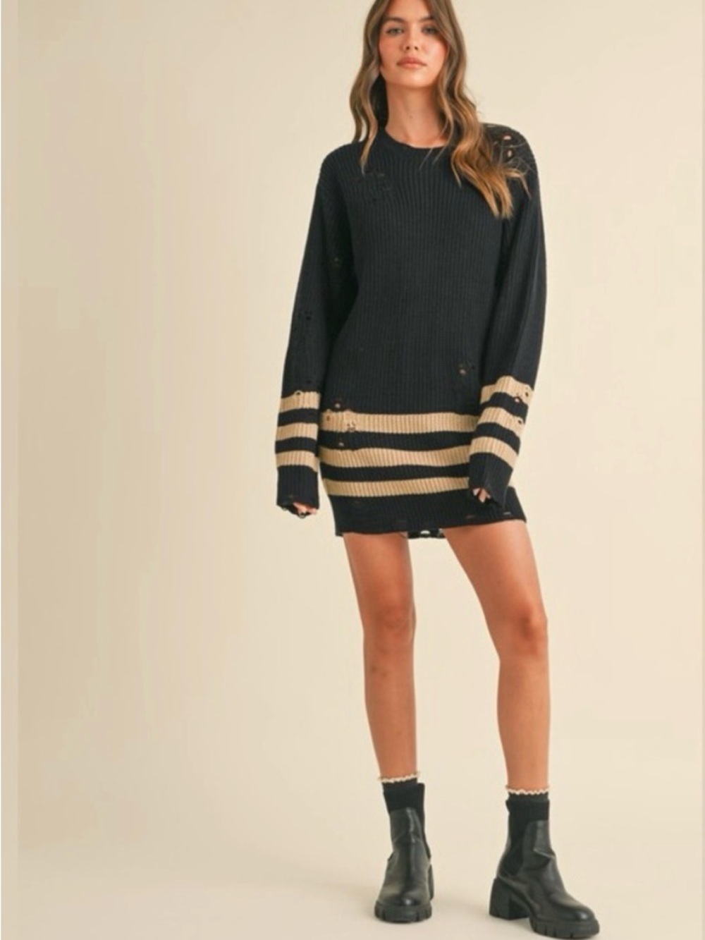 KLESIS BLACK AND CREAM DISTRESSED SWEATER DRESS